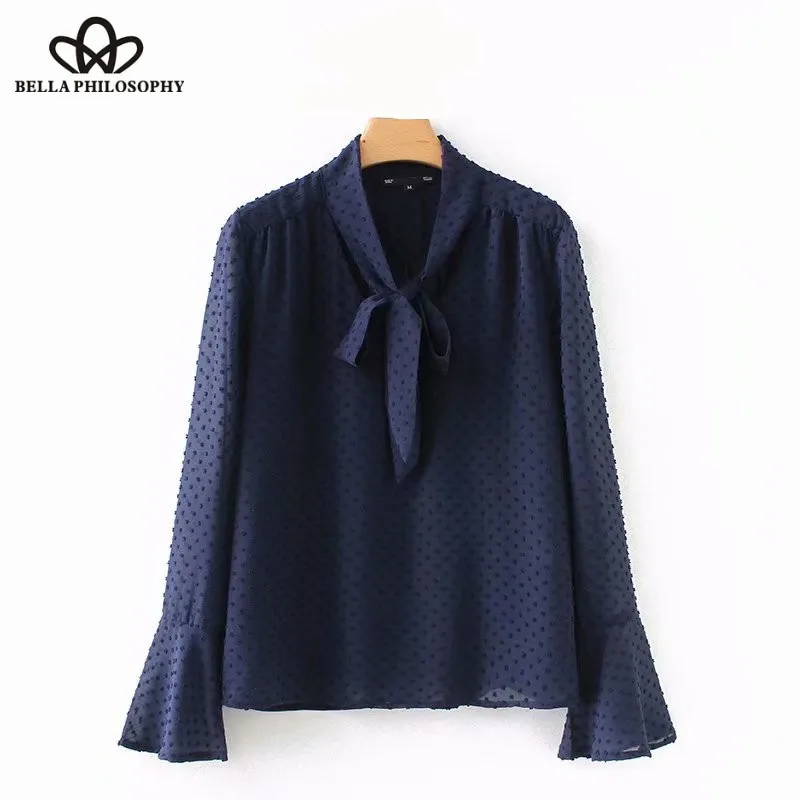 Wonder 2018 new autumn elegant v neck bowknot casual chiffon smock Blouse shirt women flare sleeve office Femininas Blusas tops