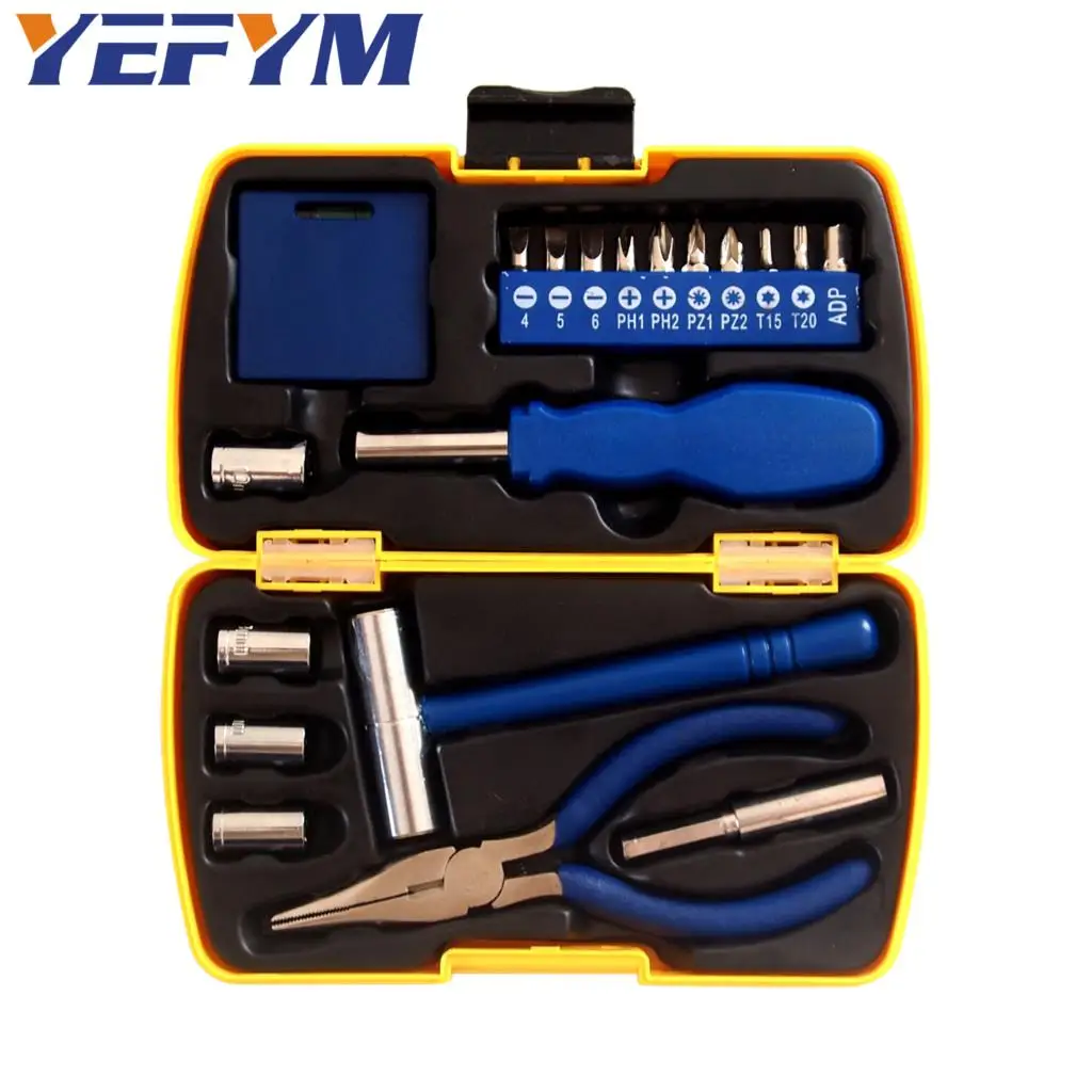 

19pcs/set mini household tool kit 1/4 metric socket/extension bar/5 inch long nose pliers/bits/measuring tape hand tools