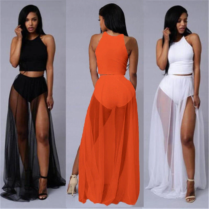 

Hot Women Chiffon Sexy See Through Long Maxi Skirts High Waist Split Solid Skirts Lady Fashion Summer Pleated Boho Beach Skirt