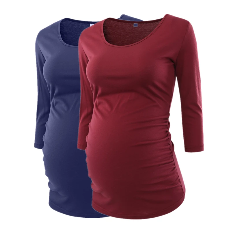 

Pregnant Blouse Maternity Clothes Side Ruched 3 Quarter Sleeve Maternity Scoop Neck Jersey Top Pregnancy Clothes for Women Tops
