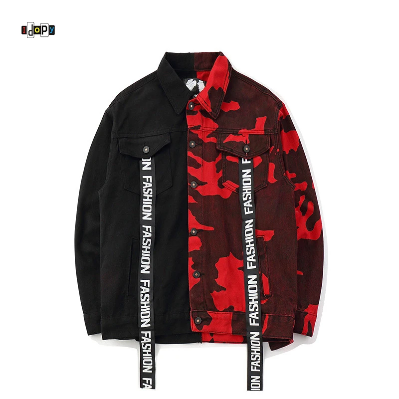 

Idopy Hi-street Denim Jacket For Men Patchwork Camouflage Jeans Jacket Letters Camo Streetwear Denim Coat Man