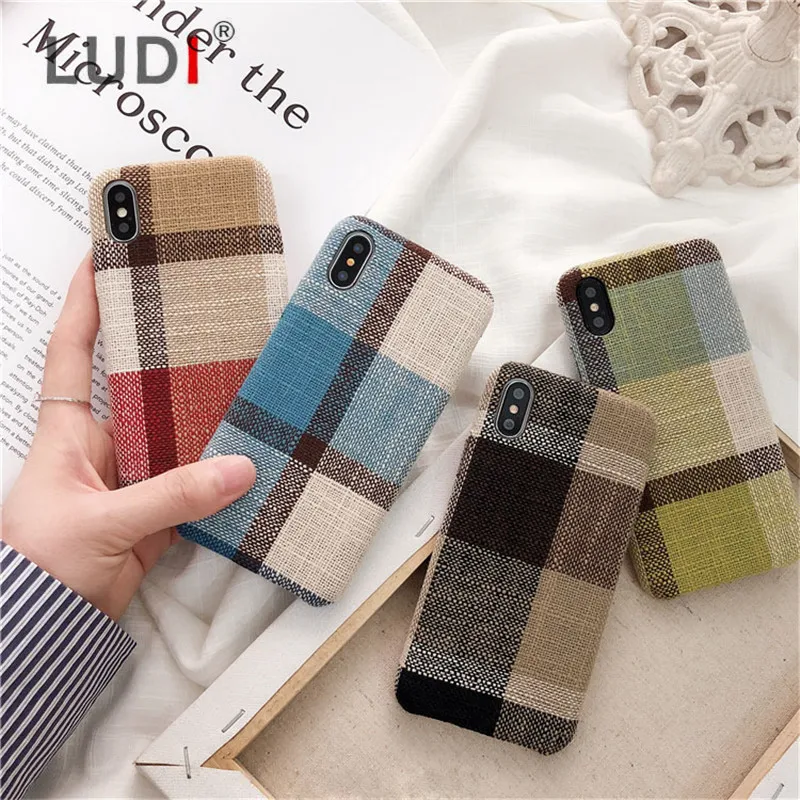 

LUDI Retro Canvas Cloth Phone Case for iPhone 7 Case iPhone XS/6/8/XSMAX case 8Plus Soft Color Grid Fabric Texture Strip Fundas