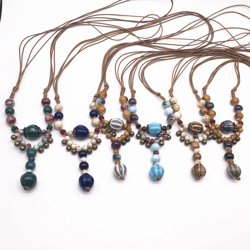 

Fashion Ceramics Beads Pendant Bohemia Style Long Sweater Chain Necklace Handmade Braided Jingdezhen Ceramic Jewelry Necklace #j