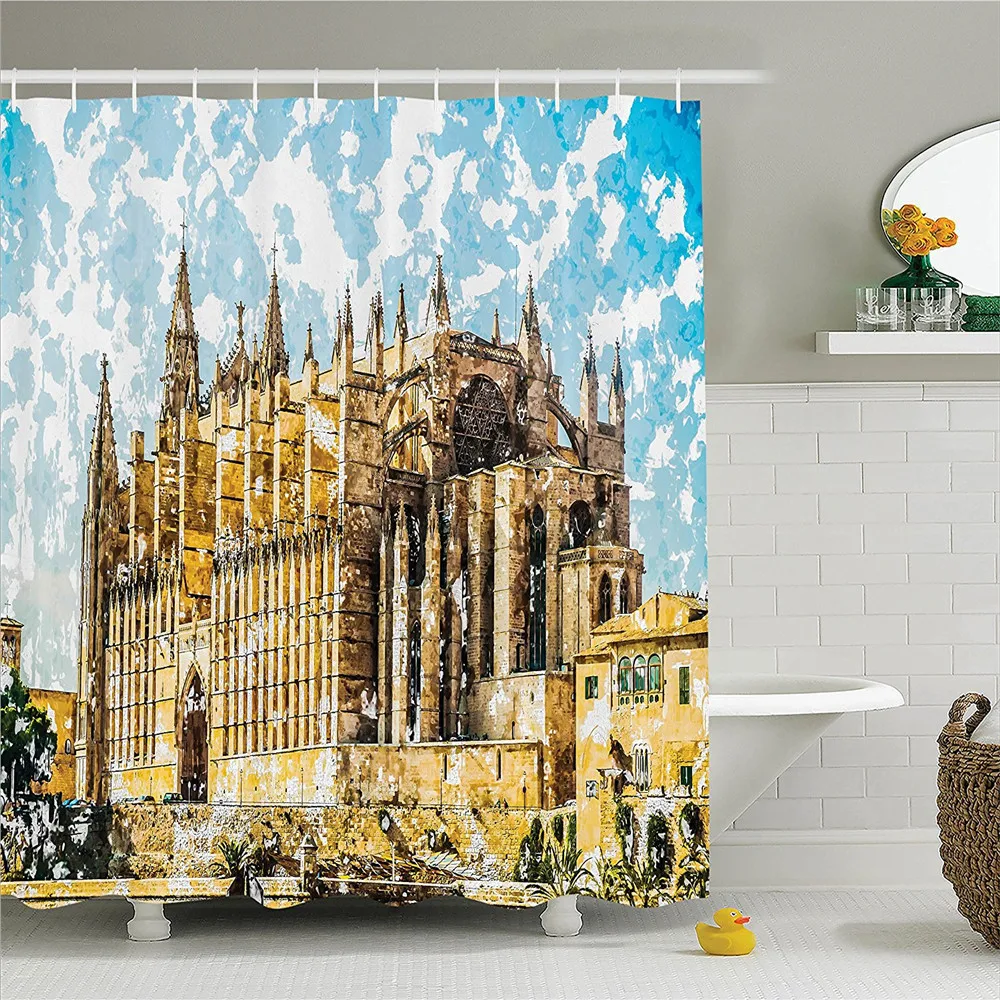 

Gothic Decor Shower Curtain Set Big Gothic Church on the Sea Shore Cathedral of Palma De Mallorca View from Road Bathroom
