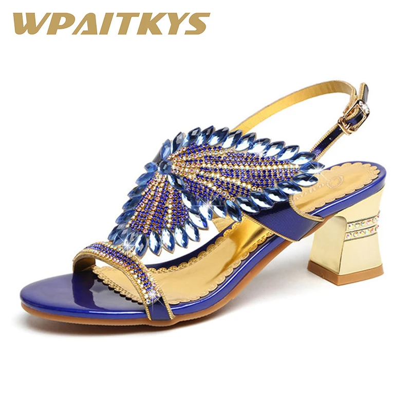 

Elegant Rhinestone Sandals Women Shoes Fashion Golden Purple Blue Three Colors Crystal Leather Casual Shoes Women Wedding Shoes