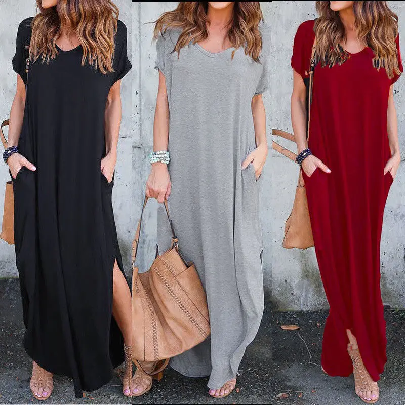 Hot Women s Summer Casual Short Sleeve Three Colors Solid O Neck Evening Party font b