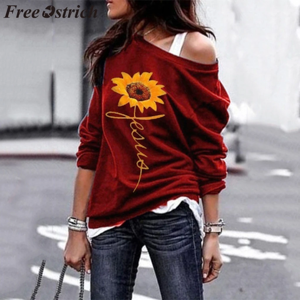 

FREE OSTRICH Long Sleeve One Shoulder Womens Tops And Blouses Automne Print Loose Sunflower Autumn Red Blouse Et Chemisier Femme