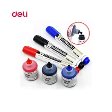 Deli conjunto de tinta apagável, caneta marcadora para quadro branco + 1 frasco de escritório apagável azul preto e vermelho material de escritório