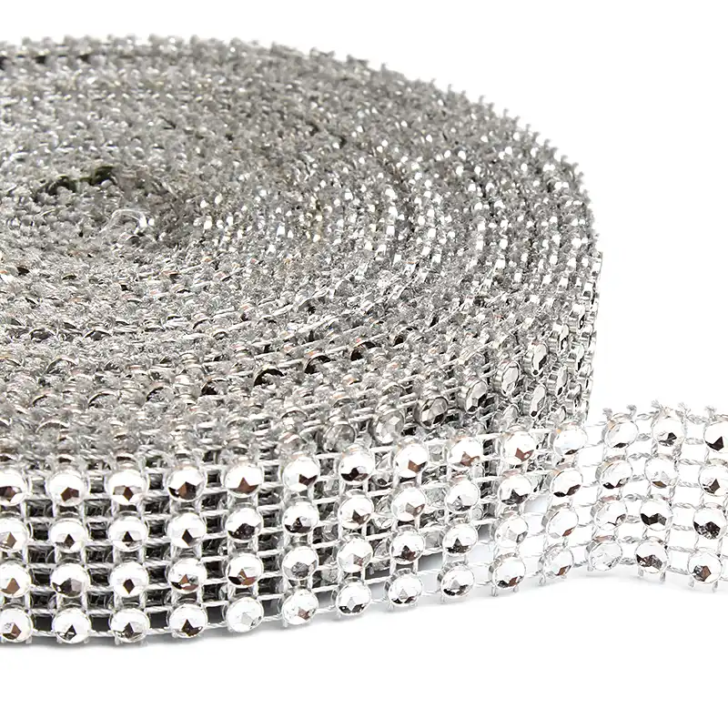 4rows Silver Diamante Diamond Rhinestone Mesh Ribbon Trim Sparkly