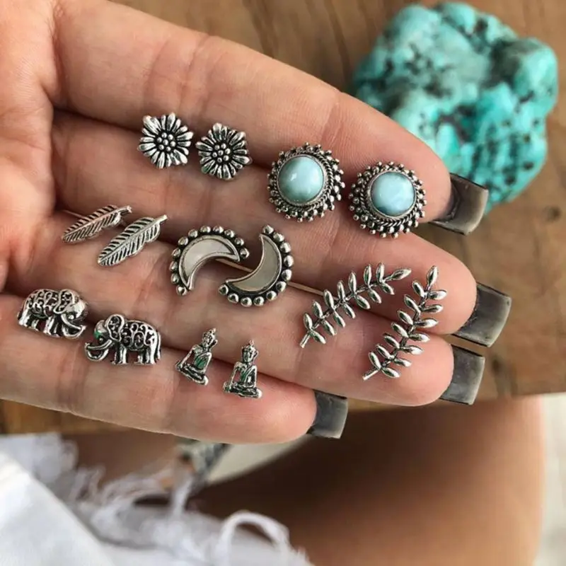 

7 Pair Ear Stud Vintage Moon Stone Bohemia Style Fashion Retro Jewelry Earrings