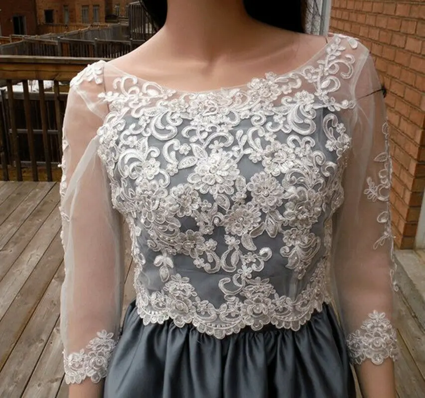 

Women New Bridal Boleros Lace Applique Wedding Jackets Scoop Neck 3/4 Sleeves Button Close V Back Custom Made Jacket