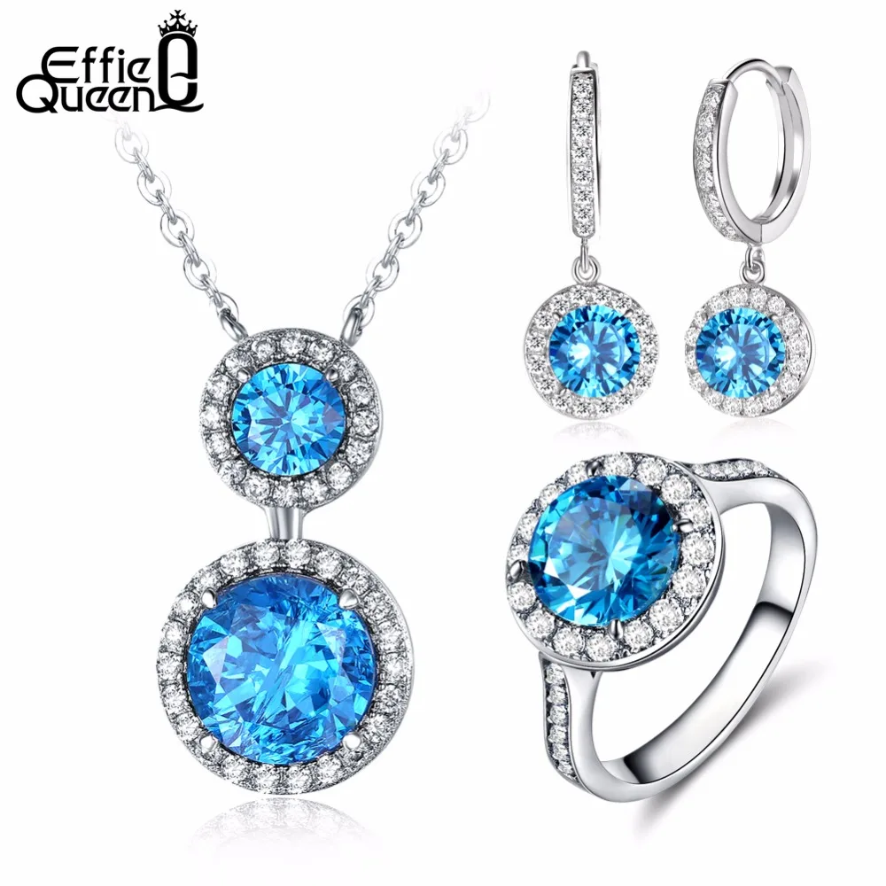 

Effie Queen Fashion Silver Color Earrings & Ring & Necklace Jewelry Sets with Shiny Blue Cubic Zirconia for Women Hotsale DS108