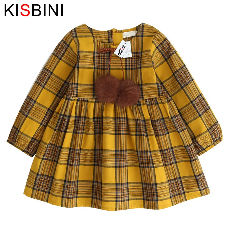 

KISBINI 2019 New Dresses For Girls Kids Clothes Plaid Fur Ball Bow Design Baby Yellow Girls Dress Autumn Winter Kid Clothing