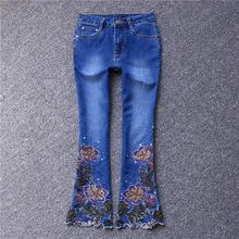 Европейский Ранняя весна новая мода вышивка цветочные микро брюки, джинсы с яркой отделкой Универсальный стрейч широкие джинсы