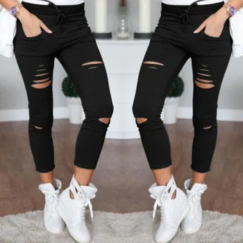

2020 New Hot High Waist Thin Pants Capris Leggings Female Hole Plain Weave Pencil Pants Casual Sweatpants