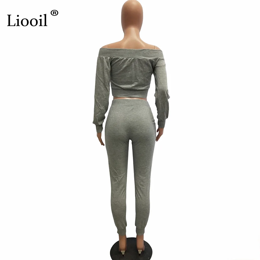 Liooil Off Shoulder 2pcs Active Set Women Outfits Sweatshirt Long Sleeve Crop Top And Pants Lace-Up Track Suits Woman Sets