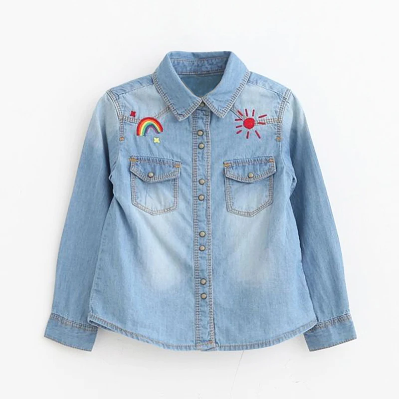 

Baby Girls Denim Shirt Pretty Embroidery Denim Shirts For Girls Spring Autumn Long Sleeve Jeans Blouse Cotton Soft Kids Blouses