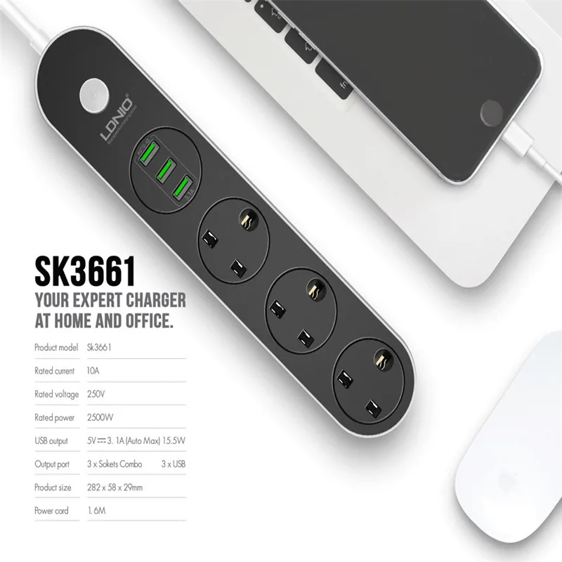 Удлинитель PLYMOTON 2500 Вт с 3 розетками переменного тока USB портами|Удлинители