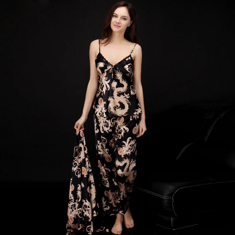 

Spring Summer Women V Neck Silk Pajamas Three-piece Suit 5 Colours Sexy Nightwear Bathrobe Femmle sleepwear
