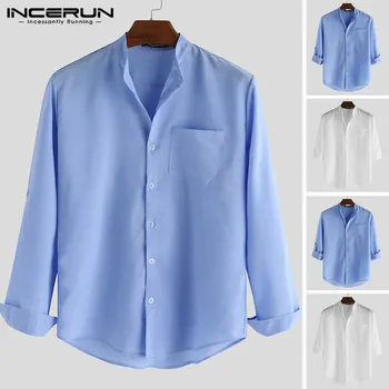 

INCERUN Men Shirt Dress Solid Long Sleeve Pockets Stand Collar Works Tops 2020 Business Shirts Men Breathable Camisa Masculina