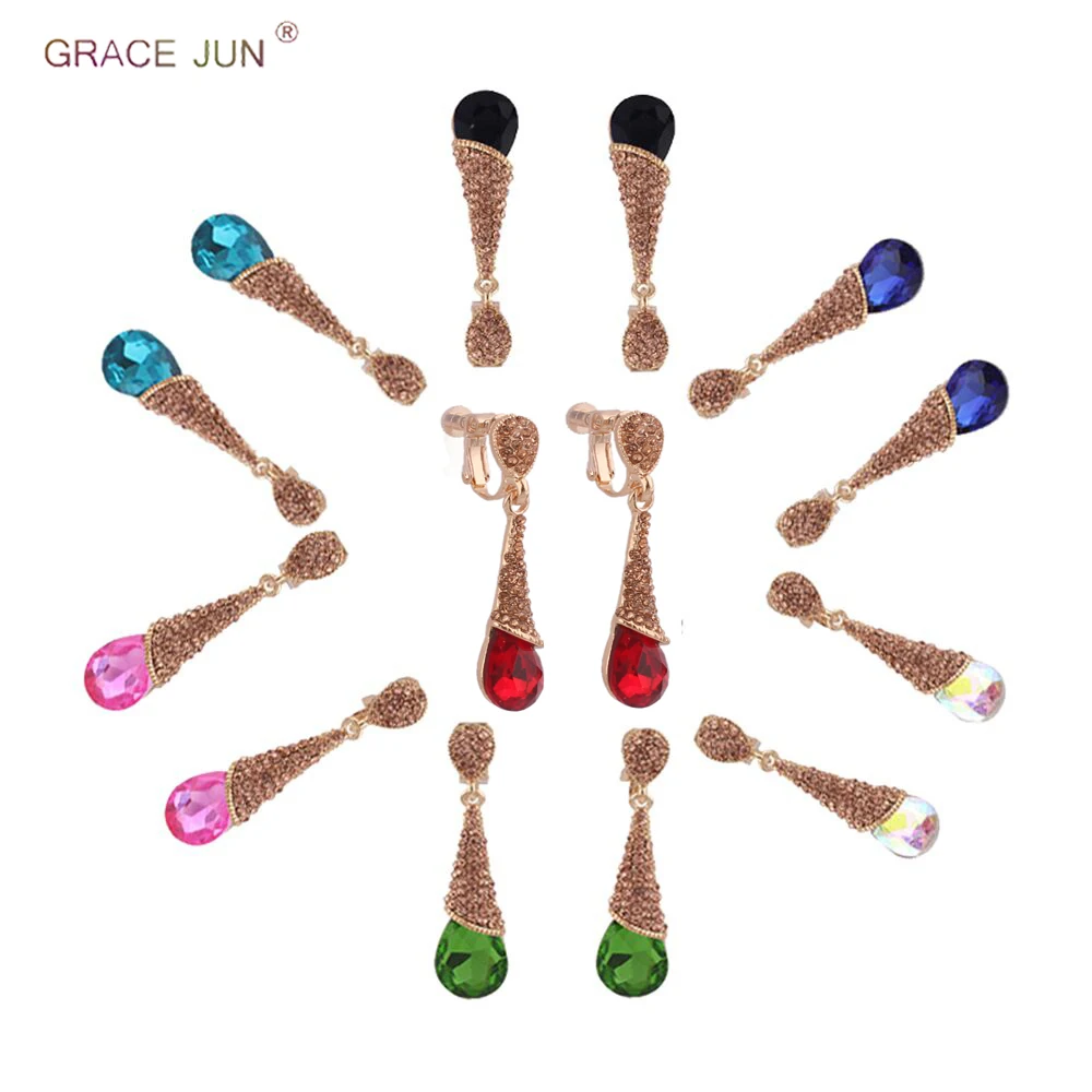 

GRACE JUN New Clip on Earrings No Pierced for Women 12 Colors High-grade Tear Drop Shape Long Drop Screw Cuff Earrings Wholesale