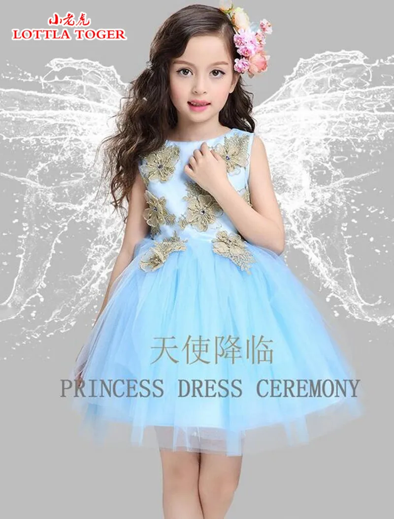 Детские Кружевное платье для причастия для маленькой принцессы с цветами без рукавов для девочек на свадьбу для подружки невесты на день рождения небесно-голубого цвета, Dress3-12