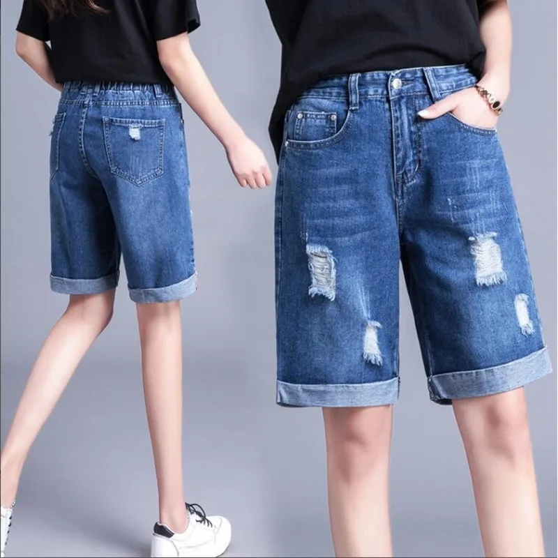 

#3008 Hot Sport Short Jeans Women Summer High Waist Elastic Hole Loose Boyfriend Jeans Korean Style Women Denim Wide Leg