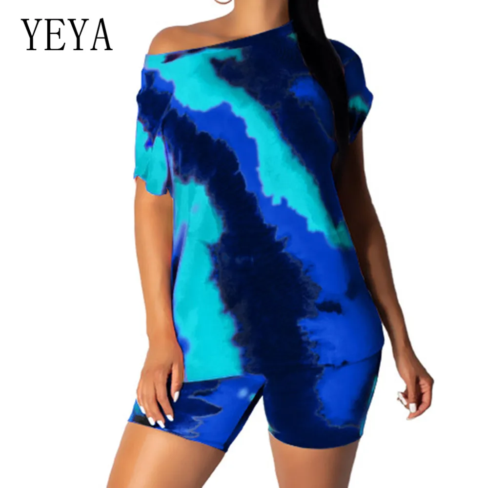YEYA 2 Pieces Sets Multi-color Tie-dye Contrast Color Loose Playsuits Elegant O Neck Short Sleeve Women Summer Vintage Jumpsuits