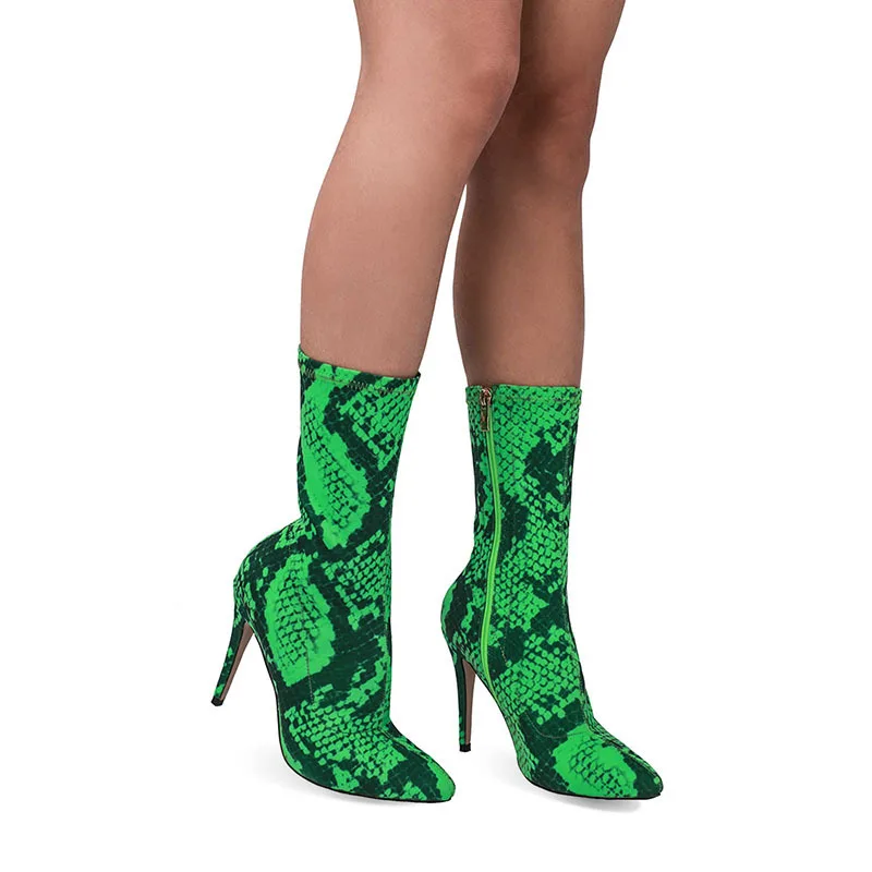 

2019 Spring Autumn Fashion Printed Stretch Fabric Sock Boots Pointed Toe High Heels Woman Ankle Boots Ladies Short Boots