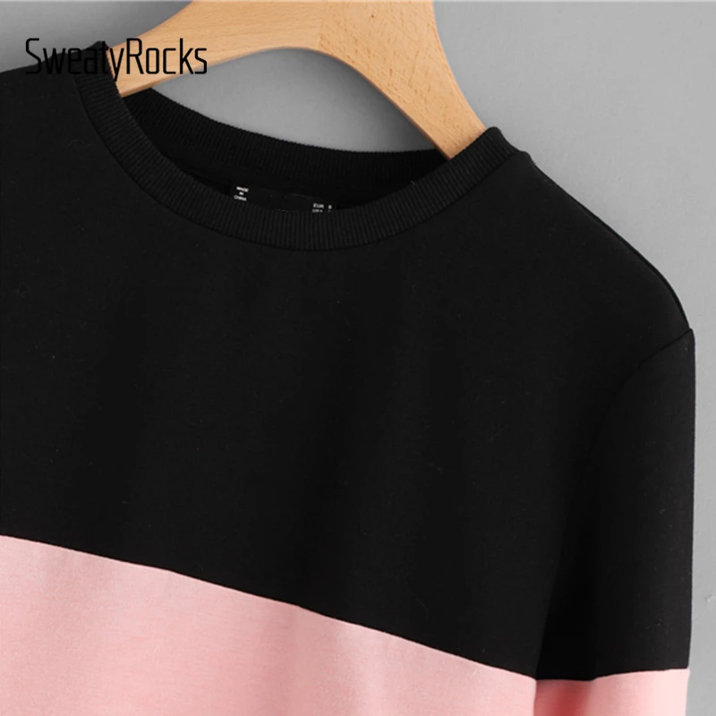  SweatyRocks Active Chic Sweatshirts Cut Sew Patchwork Pullovers Women Tops Color Block Crew Neck Fa
