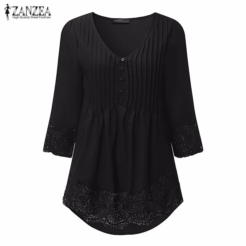 ZANZEA Women 2019 Autumn Elegant Lace Blouses Shirts Sexy V Neck Casual 3/4 Sleeve Asymmetrical Solid Blusas Tops Oversized ZANZEA Women 2019 Autumn Elegant Lace Blouses Shirts Sexy V Neck Casual 3/4 Sleeve Asymmetrical Solid Blusas Tops Oversized