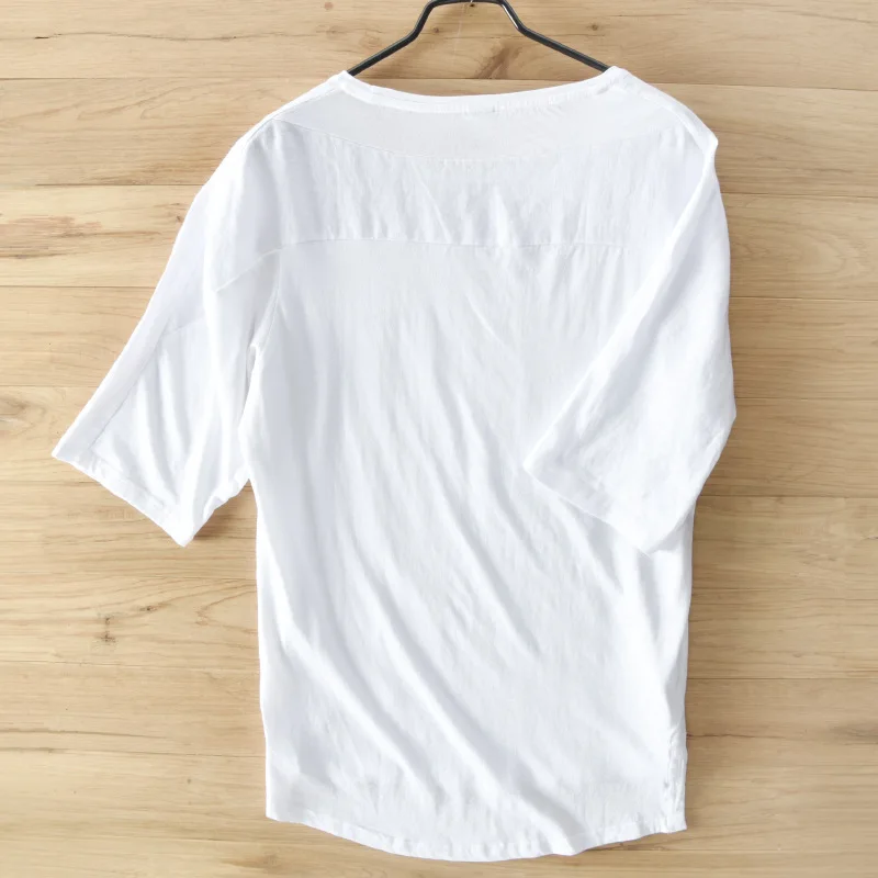 Men Cotton Linen Short Sleeve Tshirts White Small Fish Embroidery T Shirt Casual O-Neck Man Tees Y1702