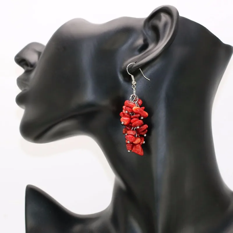 1pair fashion ethnic women's dangle earrings red coral 6cm handmade jewelry pendientes brincos for girls free shipping newcoral
