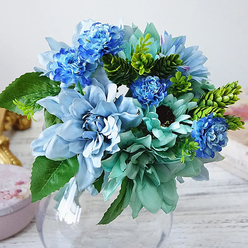 Flone Artificial Dahlias Flower Daisy Bouquet Silk Flower Bride Bridesmaid Holding Flowers Home Wedding Party Garden Decoration (15)