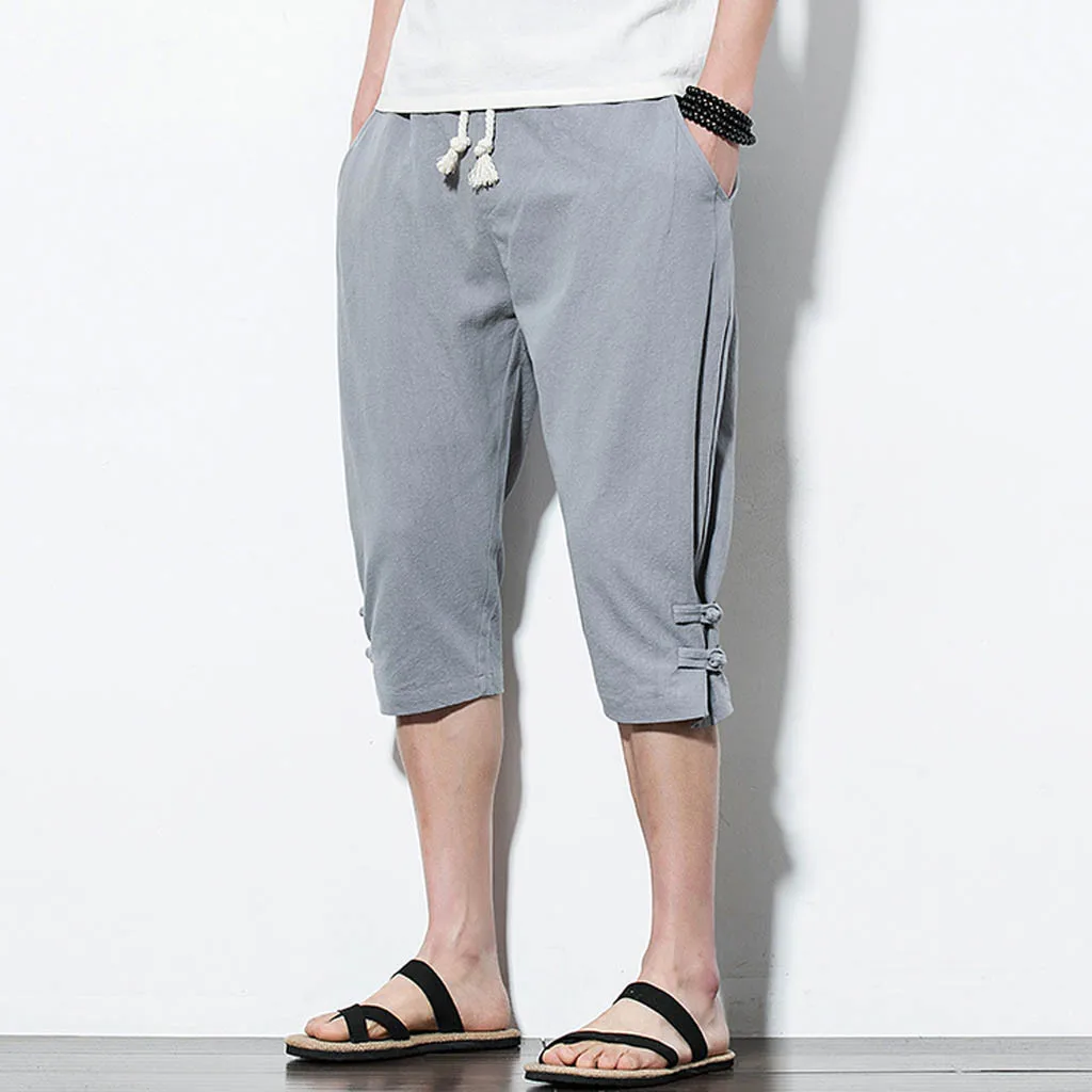 2019 New Beach Pants Men Summer Fashion Leisure Pure Color Button Linen Loose Baggy Elastic Waist 4