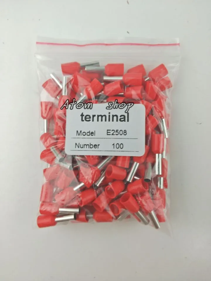 100 шт. E2508 для мм2, 14 AWG предварительно изолированные клеммные трубчатые соединители наконечники для шнура - Цвет: Красный