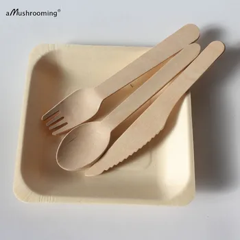 

25 Sets Biodegradable Disposable Cutlery Set Wooden Silverware Dinner Utnesils Salad Dessert Cake Plates Spoons Forks Knives