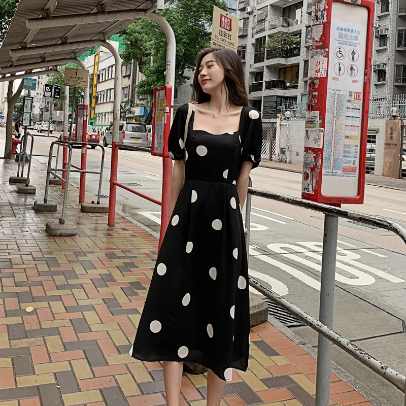 

Summer new women's clothes retro wave point square neck puff sleeve dress backless tie waist temperament slimming midi dress