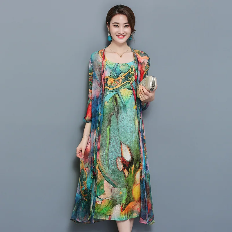 

Large Size 3XL 4XL Set of 2 Pieces natioanl Print Sling Dress + Open Stitch Cardigan Costume Elegant Chiffon Vestido