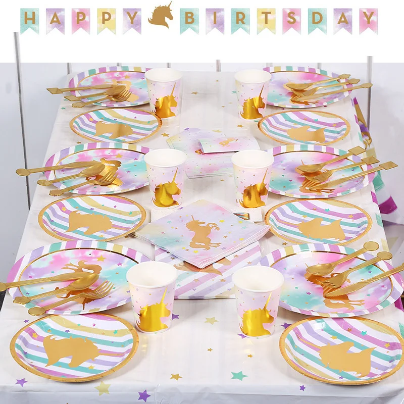 

New style Gold Unicorn Disposable Tableware paper Plate Pennant cup table cover for Birthday&weeding&Event Party Supplies&Decor