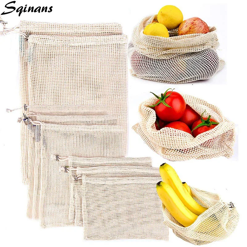 

Sqinans 1PC Eco Friendly Reusable Produce Bags Mesh Market Bag Cotton Vegetable Bags Kitchen Storage Organization Fruit Bag