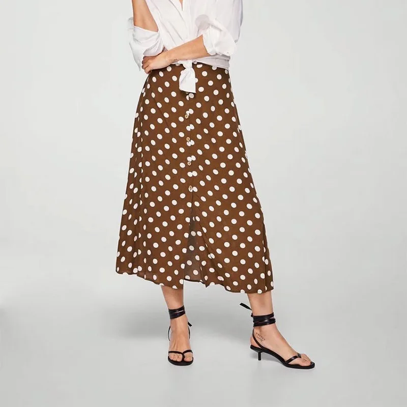 Винтажная юбка в горошек с принтом для женщин, корейская мода, женская миди юбка, бохо карманы, юбки на пуговицах