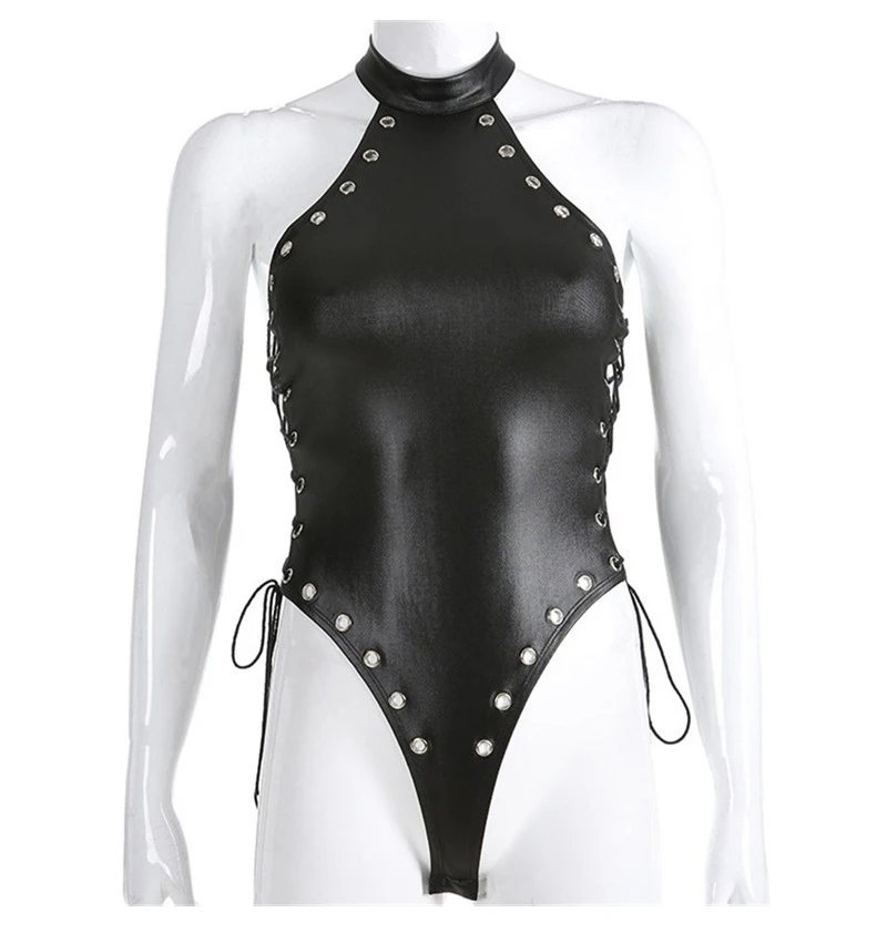 2019 Wetlook Women's Halter Sleeveless High Cut Open Crotch Bodysuit Hot Faux Leather PVC Latex Corn Side edge Frenulum Catsuit  (6)