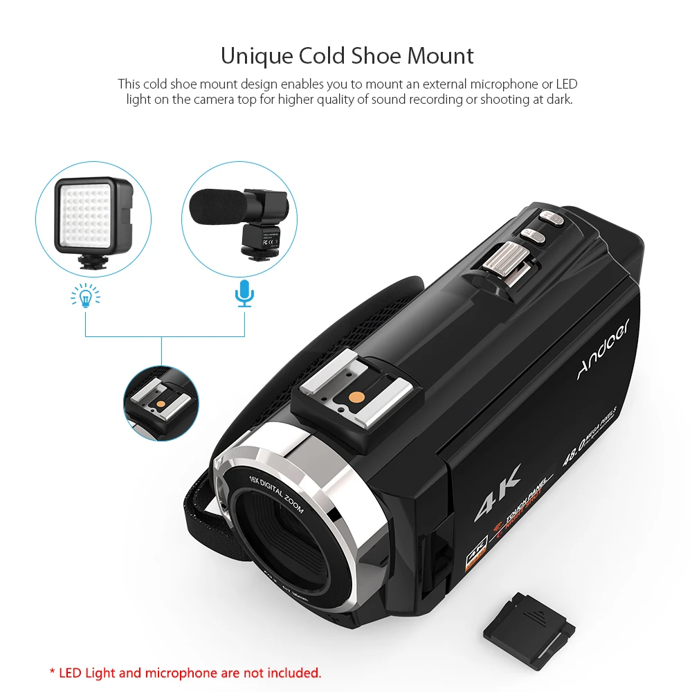 Цифровая видеокамера Andoer 4K 1080P 48 МП Wi Fi записывающая с широкоугольным