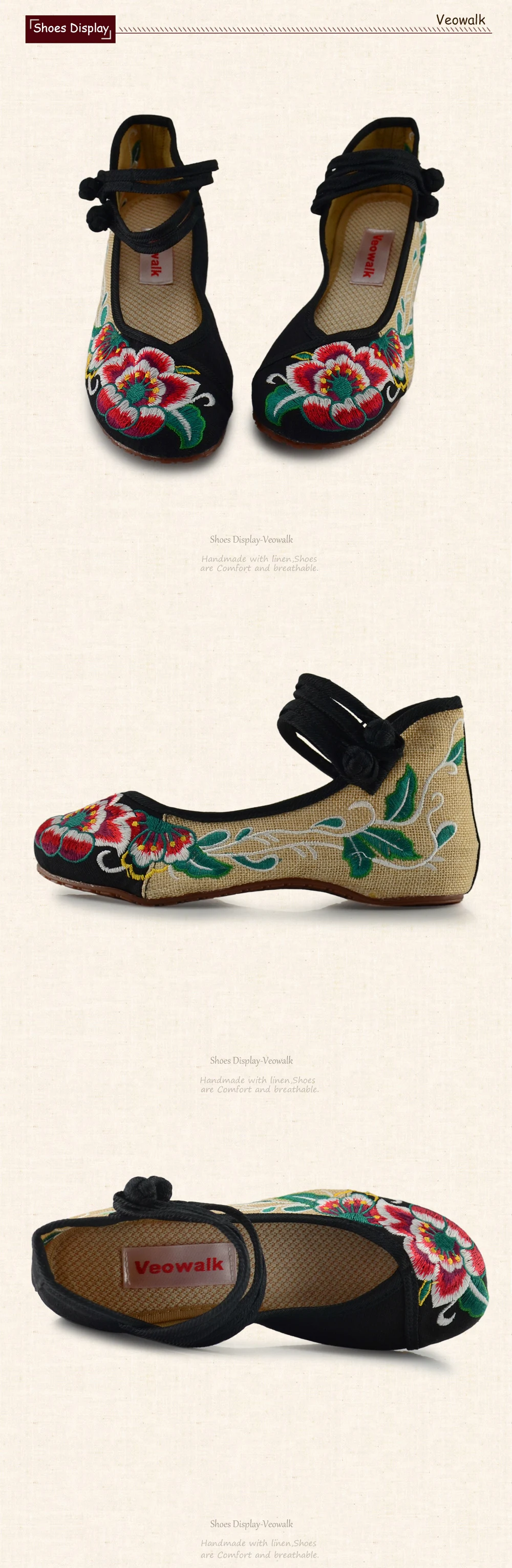 Veowalk/Весенняя женская Тканевая обувь ручной работы в стиле «Старый Пекин»; повседневная женская танцевальная обувь на плоской подошве с вышитыми цветами в китайском стиле; zapatos mujer