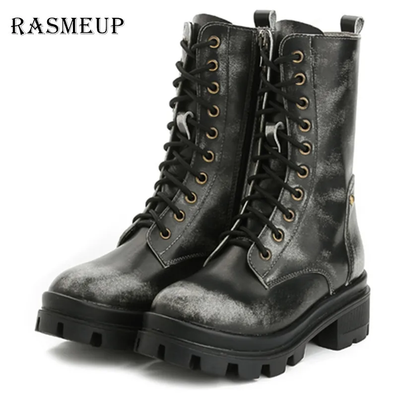 Acheter RASMEUP Véritable En Cuir Rétro Femmes de Moto Bottes De Mode Étanche Femmes Martin Bottes Femme Punk Gothique Plate Forme Chaussures