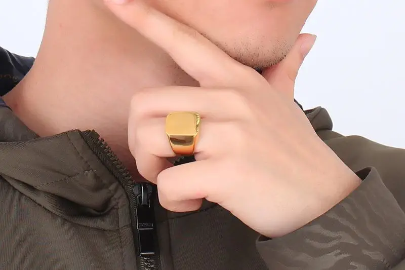 Meaeguet Solid Gold Color Punk Cool Men's Ring High Polished 18MM Wide Unique Stainless Steel Biker Square Party Ring (10)