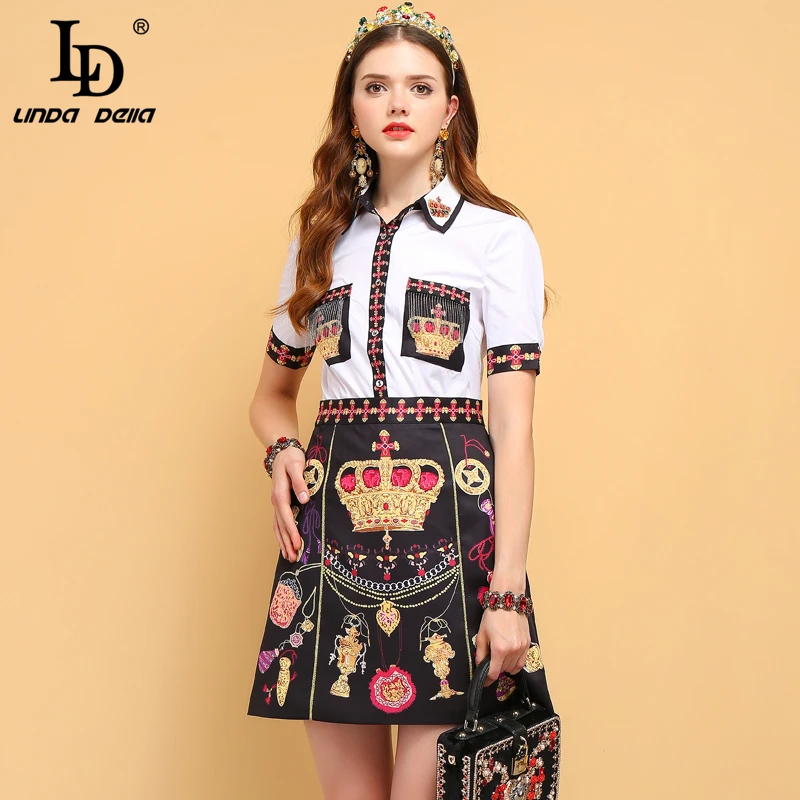 

LD LINDA DELLA Summer Fashion Designer Suits Women's Crystal Beading Shirt+Crown Print Elegant Vintage Skirt Two Pieces Set