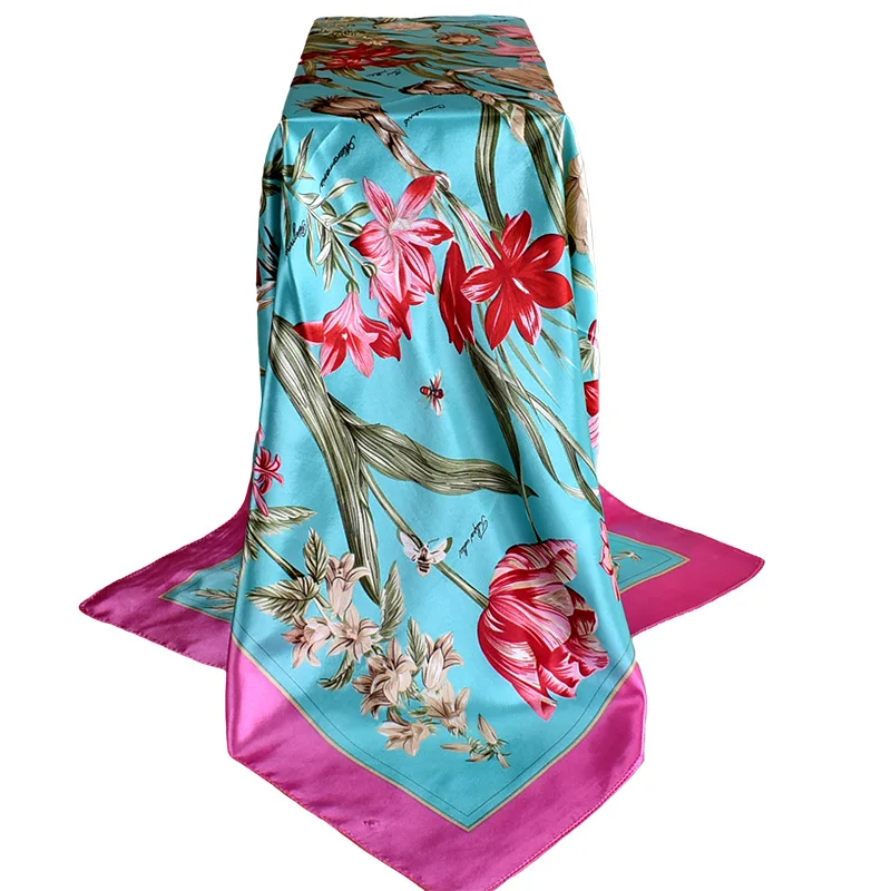 

2019 Spring And Autumn Female Satin Scarf,Big Square Scarves Printed,Women Scarf,Purple Polyester Silk Scarf Shawl 90*90cm