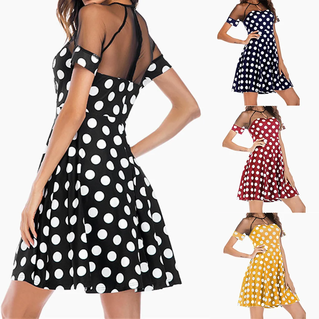 

Women Summer Fashion A-Line Short Sleeve Above Knee Sexy Mesh O-neck Dot Printed Black Yellow Red Party Mini Beach Dress Dresses
